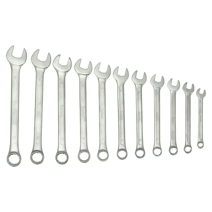 Makita Werkzeugkoffer E-10883 - L x B x H: 420 x 312 x 130 mm, 221 -tlg. - Bild einer Reihe von silbernen Makita-Schraubenschlüsseln in verschiedenen Größen, die auf einem schwarzen Hintergrund angeordnet sind.