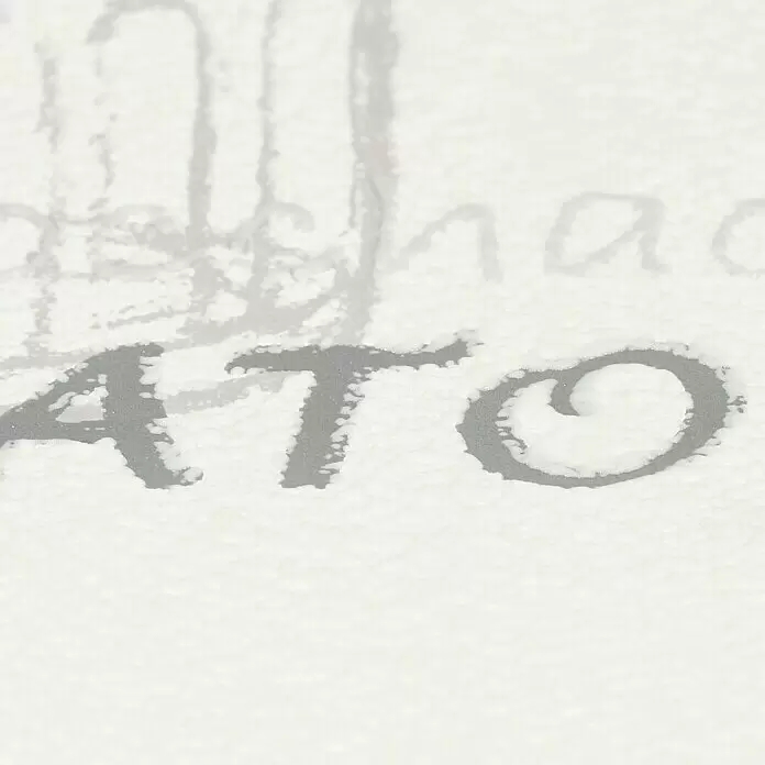 Rasch Vliestapete Kaffee - Creme/Grau, Grafisch, 10,05 x 0,53 m - Weißer Schaum oder Raureif bedeckt teilweise eine dunkle Oberfläche und enthüllt Teile der Buchstaben „ATO“.