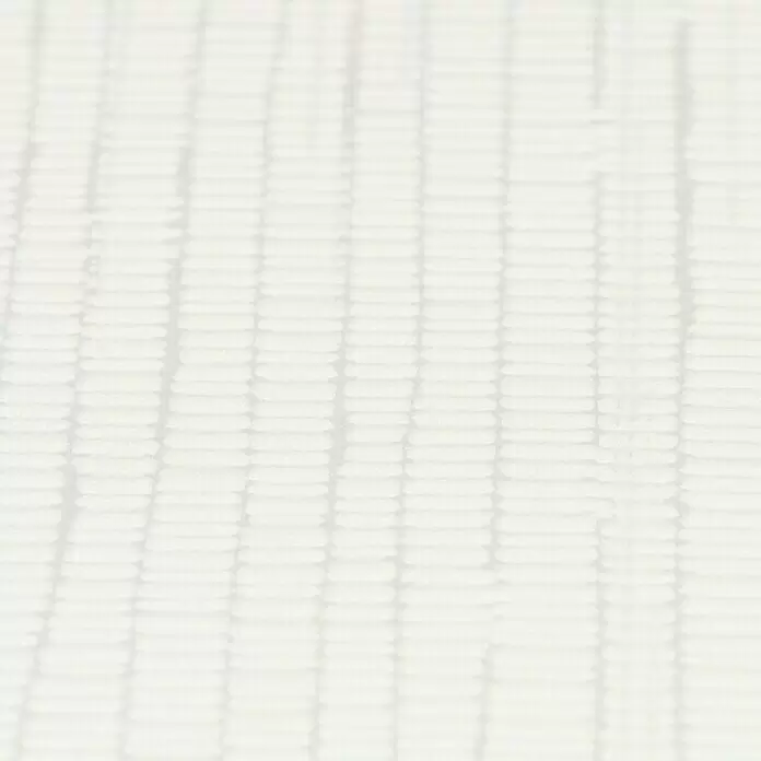 Rasch Vliestapete Längsstreifen - Weiß, Uni, 10,05 x 0,53 m - Heller, cremefarbener Stoff mit einem sich wiederholenden Muster aus kleinen, erhöhten rechteckigen Elementen.