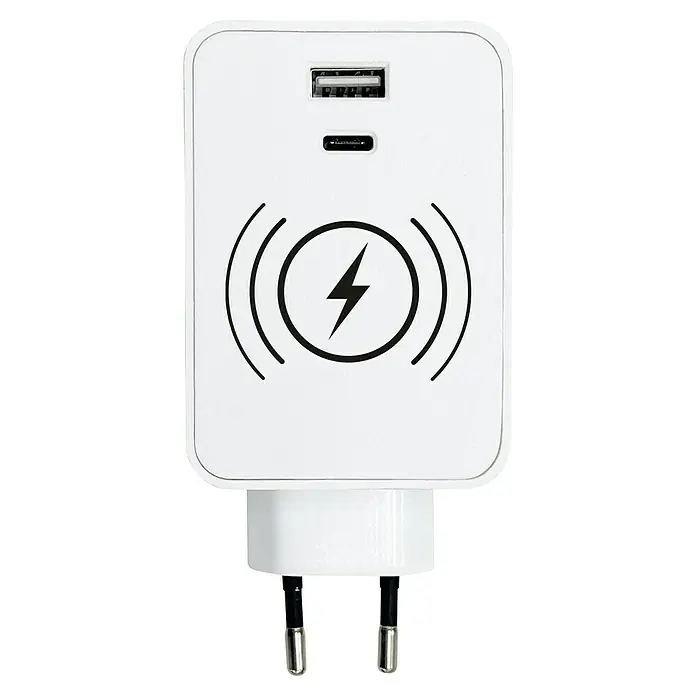 Voltomat USB-Adapter Typ A & C Wireless charging - Weiß - Abbildung eines weißen USB-Ladegeräts mit USB-A- und USB-C-Anschlüssen und einem Symbol für kabelloses Laden.