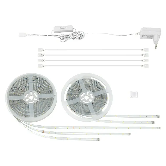 Tween Light LED-Band - Länge: 10 m, Lichtfarbe: Warmweiß, 13 W - Nahaufnahme eines LED-Streifenset mit zwei Rollen, Verbindungsstücken, Netzteil und Steuerung. Ideal für stimmungsvolle Beleuchtung.