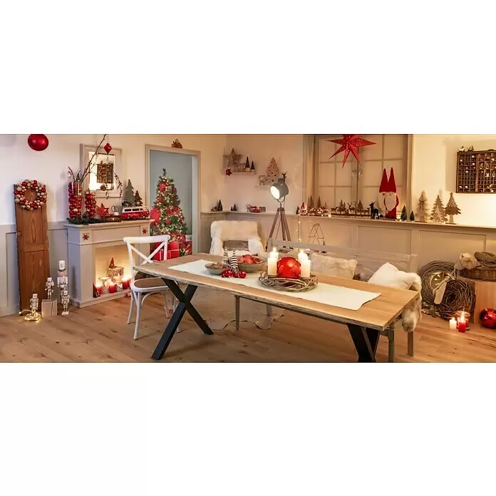 Weihnachtsmann mit Geschenk und Tanne - Höhe: 60 cm, Rot, Weiß, Mit Tannenausschnitt - Stimmungsaufnahme