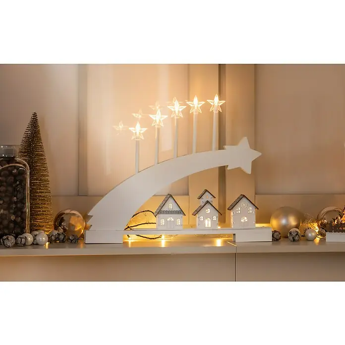 Konstsmide LED-Holzsilhouette Komet - 5 x 45 x 37 cm, Weiß, Batteriebetrieben, Warmweiß, 0,48 W - Dekorative LED-Lichterbogen mit Sternen und kleinen Häusern, eine festliche und gemütliche Dekoration für die Weihnachtszeit.