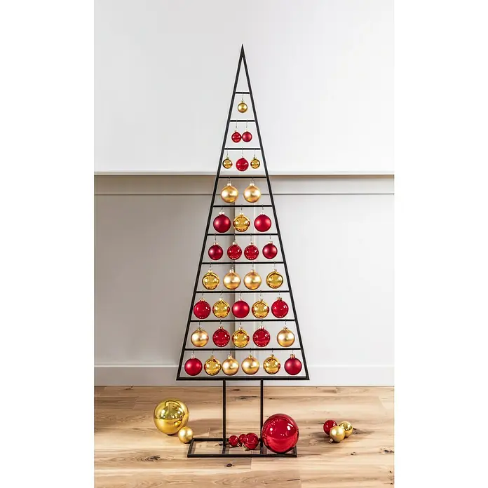 Metall-Weihnachtsbaum - Höhe: 150 cm, Anthrazit, Metall - Moderner Weihnachtsbaum aus Metall mit roten und goldenen Kugeln als festliche Dekoration für ein stilvolles Zuhause.