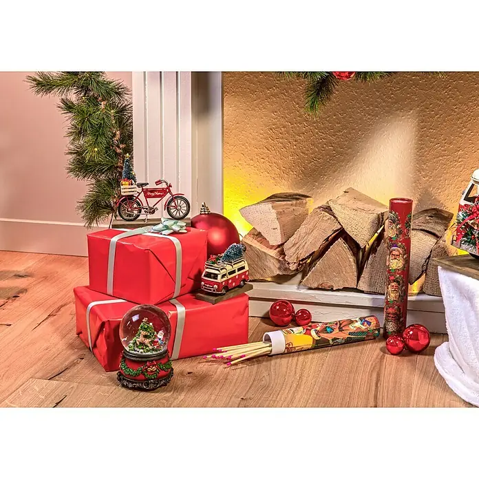 Dekofigur Weihnachtsbus - L x B x H: 12 x 5 x 10 cm, Metall, X-Mas - Festliche Dekoration mit roten Geschenken, Kaminholz, Streichhölzern und Weihnachtsschmuck für eine gemütliche Weihnachtsatmosphäre.