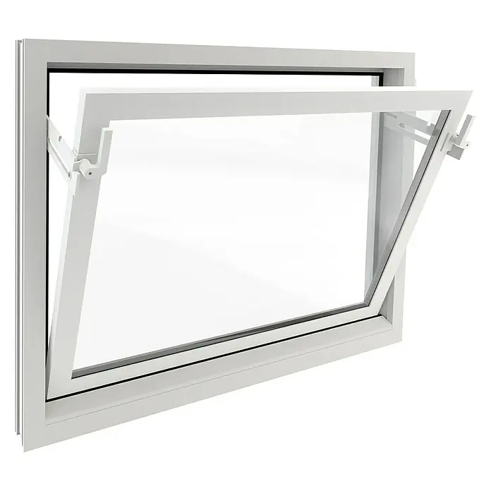 Solid Elements Ventana abatible - 100 x 60 cm, Blanco - La imagen muestra una moderna ventana abatible blanca sobre un fondo negro, abierta para ventilación, permitiendo la entrada de luz natural.
