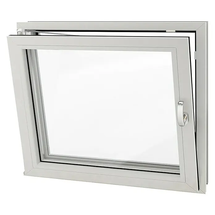 Solid Elements Ventana para sótano - An x Al: 60 x 50 cm, Apertura según normativa: Izquierda, Blanco - Una ventana batiente blanca se muestra abierta, mostrando la mecánica y el asa. La ventana es llamativa.