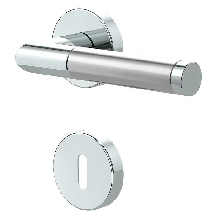 Diamond Doors Creative Drückergarnitur Avantgardo - Edelstahl, Buntbart - Nahaufnahme einer modernen Türgarnitur aus Chrom mit einem eleganten Griff und einem passenden Schlüsselloch. Perfekt für stilvolle Inneneinrichtungen.