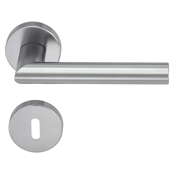 Diamond Doors Modern Drückergarnitur Detroit - Stärke Tür: 40 mm - 45 mm, Edelstahl, L-Form, Buntbart - Eleganter Türgriff aus Edelstahl mit rundem Rosetten-Design für moderne Inneneinrichtung.