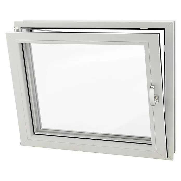 Solid Elements Ventana para sótano - An x Al: 80 x 40 cm, Apertura según normativa: Izquierda, Blanco - Una ventana abatible blanca, abierta hacia el lado con una manija plateada en el lado derecho, presentada sobre un fondo negro.