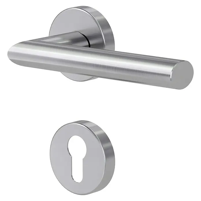 Diamond Doors Modern Drückergarnitur Detroit - Stärke Tür: 40 mm - 45 mm, Edelstahl, L-Form, Profilzylinder - Türgriff aus gebürstetem Edelstahl mit Rosette und Schlüsselloch. Robustes und modernes Design für den Innenbereich.