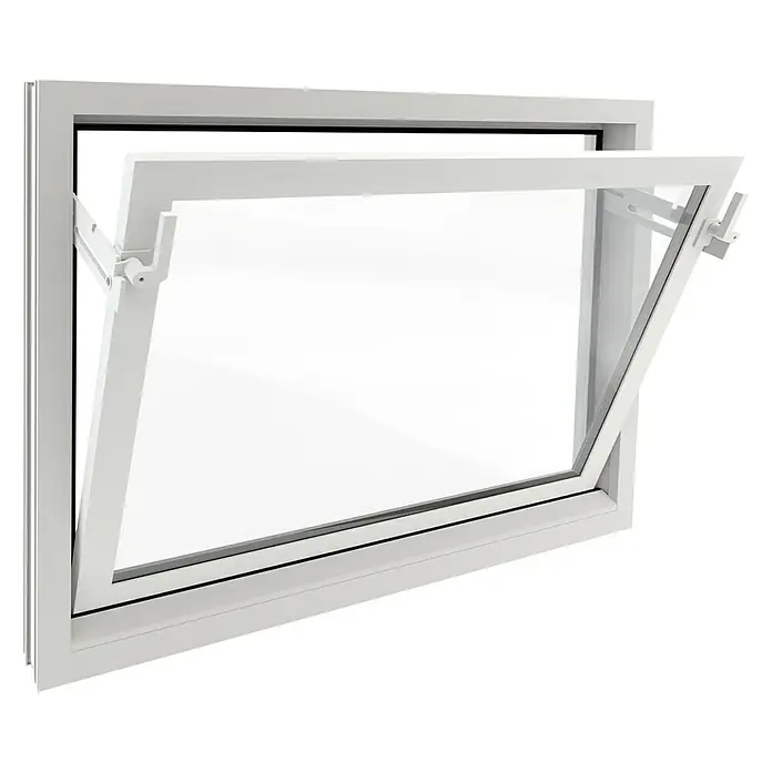 Solid Elements Ventana abatible - 100 x 50 cm, Blanco - Ventana abatible blanca con vidrio claro y herrajes, parcialmente abierta, sobre un fondo negro para presentación del producto.
