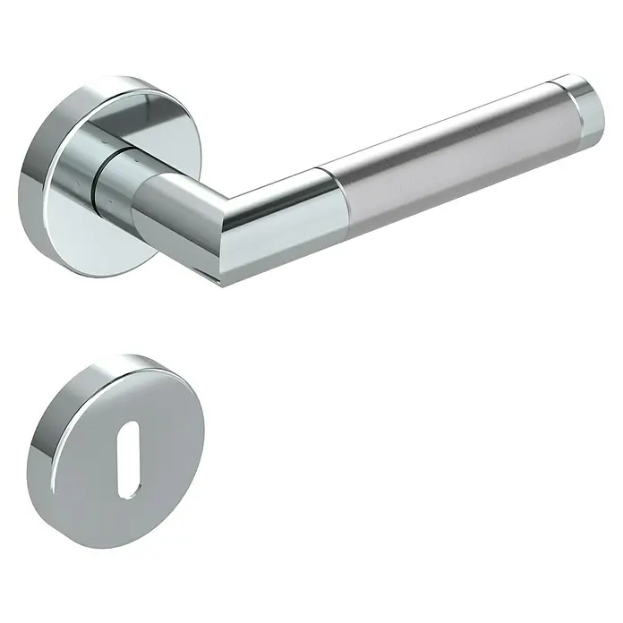 Diamond Doors Creative Drückergarnitur Avantgardo - Edelstahl, Buntbart - Dieses Bild zeigt eine moderne Türgarnitur in Chromoptik, bestehend aus einem Türgriff und einem Schlüsselrosettenpaar. Ein elegantes Design für jede Tür.