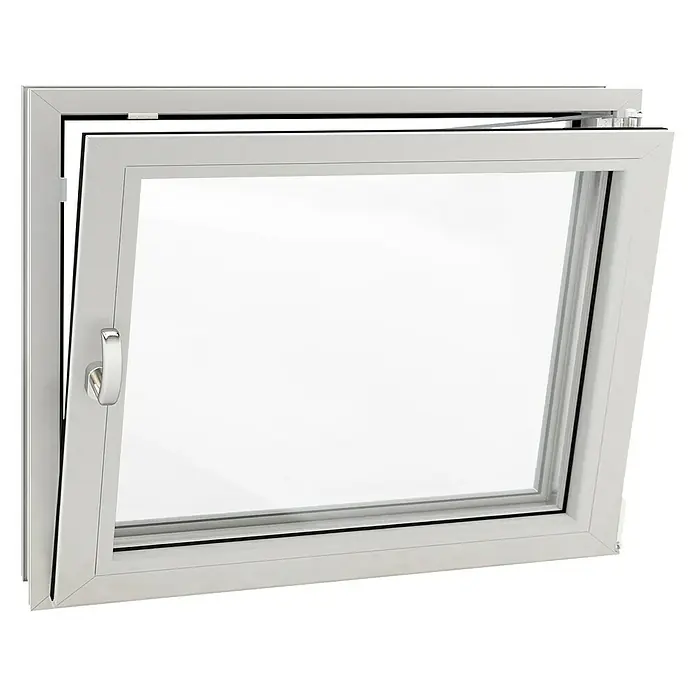 Solid Elements Ventana para sótano - An x Al: 60 x 40 cm, Apertura según normativa: Derecha, Blanco - Ventana oscilobatiente. La ventana blanca está abierta y ofrece una vista al exterior. Perfecto para aire fresco en la habitación.