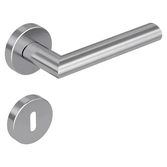 Diamond Doors Modern Drückergarnitur Detroit - Stärke Tür: 40 mm - 45 mm, Edelstahl, L-Form, Buntbart - Ein moderner Türgriff aus Edelstahl mit einem eleganten Design und einer runden Rosette für ein stilvolles Erscheinungsbild.