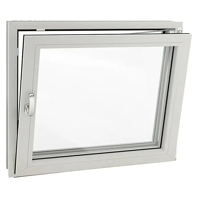 Solid Elements Ventana para sótano - An x Al: 90 x 60 cm, Apertura según normativa: Derecha, Blanco - En la imagen se muestra una ventana oscilobatiente con marco claro y maneta plateada, ligeramente abierta y lista para la ventilación.