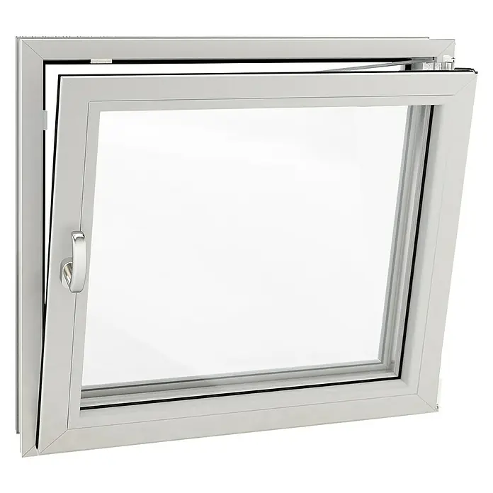 Solid Elements Ventana para sótano - An x Al: 80 x 60 cm, Apertura según normativa: Derecha, Blanco - Una ventana oscilobatiente con marco blanco y manija plateada, abierta, sobre un fondo negro, ideal para ventilación y diseño moderno.