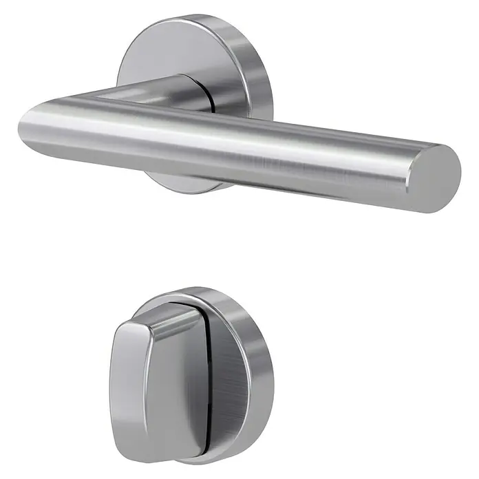 Diamond Doors Modern Drückergarnitur WC Detroit - Stärke Tür: 40 mm - 45 mm, Edelstahl, L-Form, Schlitzkopf/Olive - Eleganter Türdrücker in Edelstahloptik mit Rosette und passendem WC-Verschluss für moderne Inneneinrichtungen.