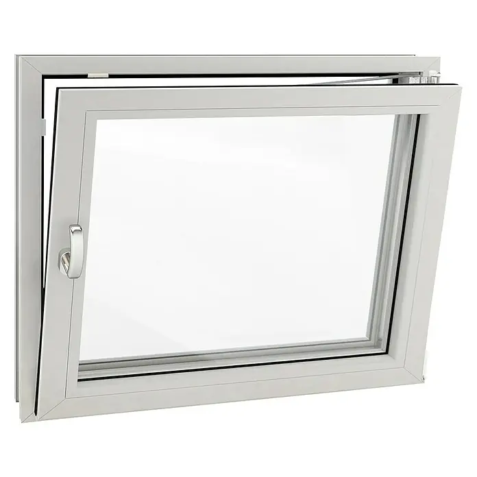 Solid Elements Ventana para sótano - An x Al: 80 x 40 cm, Apertura según normativa: Derecha, Blanco - Ventana oscilobatiente blanca con maneta lateral. La ventana está parcialmente abierta, ofreciendo una vista del exterior.