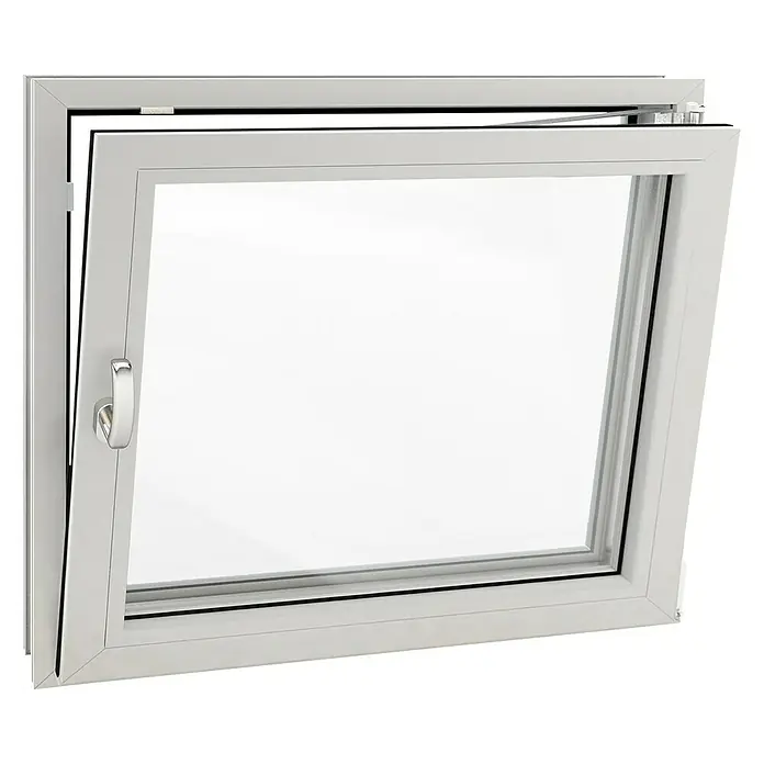 Solid Elements Ventana para sótano - An x Al: 60 x 50 cm, Apertura según normativa: Derecha, Blanco - Una ventana basculante blanca con un tirador plateado, mostrada sobre un fondo negro.