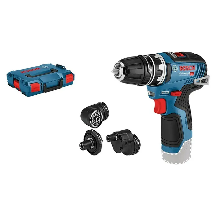 Bosch Professional Akku-Bohrschrauber GSR 12V-35 FC - 12 V, Ohne Akku, 35 Nm, Inkl. 3 Aufsätze - Das Bild zeigt einen blauen Bosch Professional GSR 12V-35 FC Akku-Bohrschrauber mit Zubehör und einer blauen Aufbewahrungsbox.