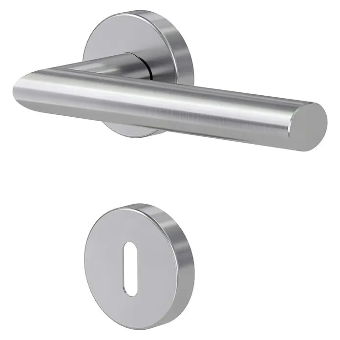 Diamond Doors Modern Drückergarnitur Detroit - Stärke Tür: 40 mm - 45 mm, Edelstahl, L-Form, Buntbart - Nahaufnahme einer modernen Türgarnitur aus Edelstahl, bestehend aus einem Griff und einem Schlüsselloch.