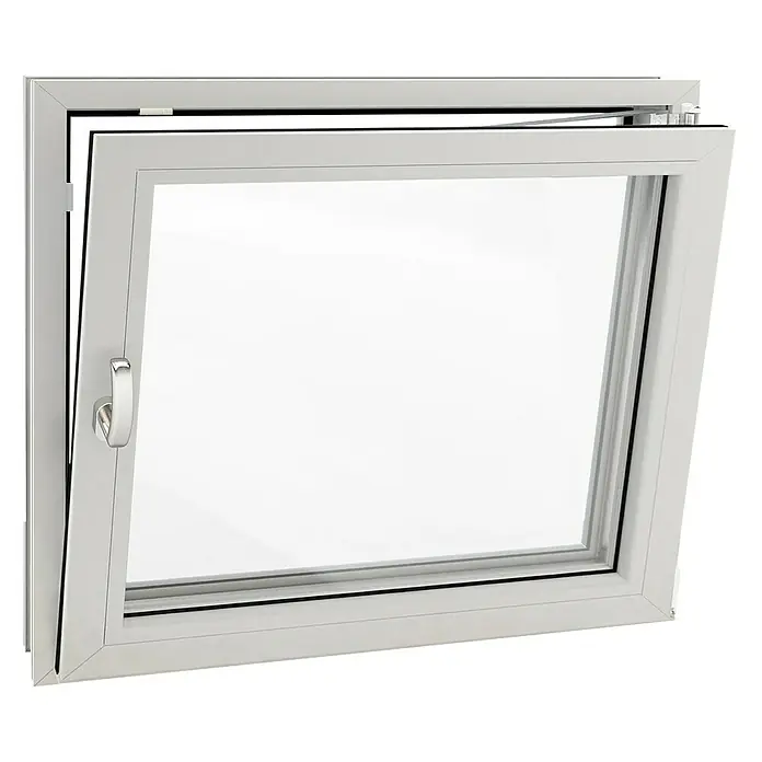 Solid Elements Ventana para sótano - An x Al: 80 x 50 cm, Apertura según normativa: Derecha, Blanco - Primer plano de una ventana blanca oscilobatiente, parcialmente abierta, que muestra el vidrio transparente y el diseño moderno.