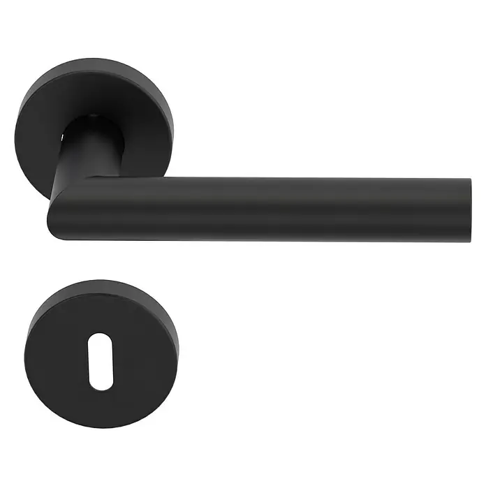 Diamond Doors Modern Drückergarnitur L-Form - Stärke Tür: 38 mm - 45 mm, Edelstahl, L-Form, Buntbart - Eine moderne, schwarze Türklinke mit Rosette und Zylinderabdeckung für ein stilvolles Interieur.