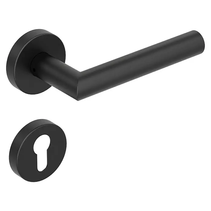 Diamond Doors Modern Drückergarnitur L-Form - Stärke Tür: 38 mm - 45 mm, Edelstahl, L-Form, Profilzylinder - Ein schwarzer Türgriff mit passendem Schlüsselrosetten-Set, das moderne Eleganz und Funktionalität vereint.