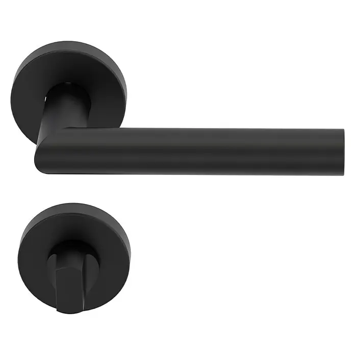 Diamond Doors Modern Drückergarnitur WC L-Form - Stärke Tür: 38 mm - 45 mm, Edelstahl, L-Form, Schlitzkopf/Olive - Nahaufnahme eines mattschwarzen Türgriffs und Rosette, die modernes Design und hochwertige Verarbeitung zeigen.