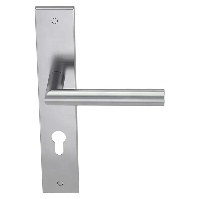 Diamond Doors Modern Zimmertürgarnitur Iowa - Stärke Tür: 38 mm - 45 mm, Edelstahl, L-Form, Profilzylinder - Nahaufnahme eines Türgriffs mit länglicher Rosette in Silber. Das Design ist minimalistisch und modern, ideal für zeitgenössische Innenräume.