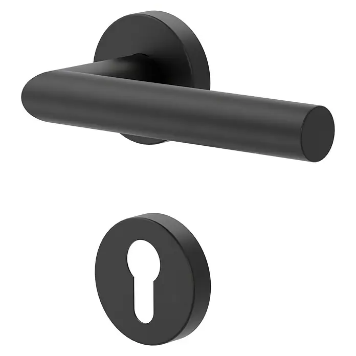 Diamond Doors Modern Drückergarnitur L-Form - Stärke Tür: 38 mm - 45 mm, Edelstahl, L-Form, Profilzylinder - Eine Nahaufnahme einer schwarzen Türklinke mit Schlüsselloch, die ein modernes und minimalistisches Design aufweist.