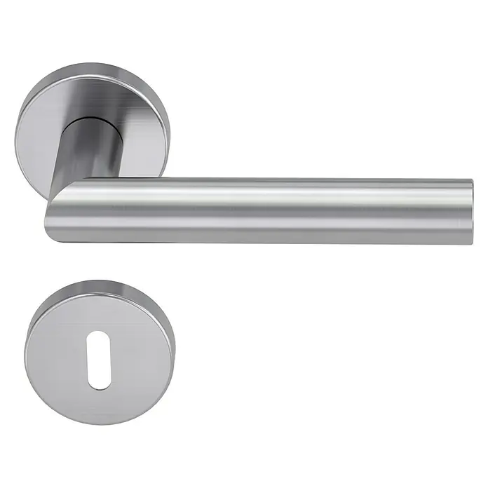 Diamond Doors Modern Drückergarnitur L-Form Premium - Stärke Tür: 40 mm - 45 mm, Edelstahl, L-Form, Buntbart - Eine Nahaufnahme eines Türgriffs aus gebürstetem Stahl mit Rosette und Schlüsselloch. Der Griff ist horizontal ausgerichtet.