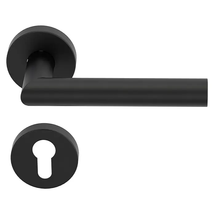 Diamond Doors Modern Drückergarnitur L-Form - Stärke Tür: 38 mm - 45 mm, Edelstahl, L-Form, Profilzylinder - Moderne, schwarze Türgarnitur mit einem runden Rosetten-Design für eine stilvolle und zeitgemäße Inneneinrichtung.
