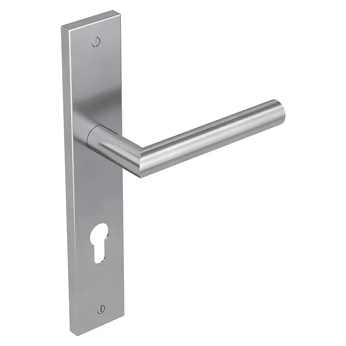Diamond Doors Modern Zimmertürgarnitur Iowa - Stärke Tür: 38 mm - 45 mm, Edelstahl, L-Form, Profilzylinder - Türgriff aus Edelstahl mit langem Schild. Elegantes Design für moderne Inneneinrichtung, robust und langlebig.