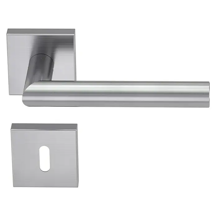 Diamond Doors Modern Drückergarnitur Quattro L-Form - Edelstahl, L-Form, Stärke Tür: 38 mm - 45 mm, Buntbart - Elegante Türgarnitur aus gebürstetem Edelstahl mit eckiger Rosette und Schlüsselrosette für moderne Innentüren.