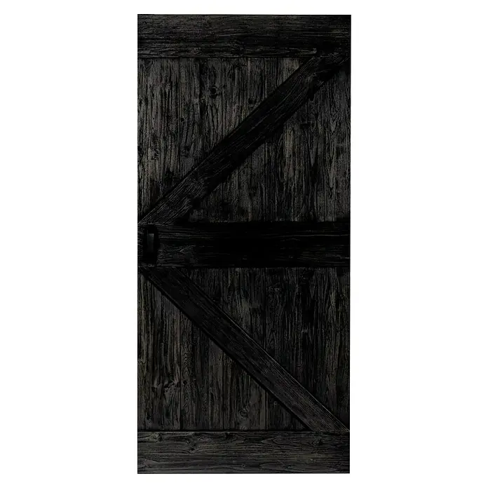 Indo Holzschiebetür Barn Door Colored - 100 x 215 cm, Teak, Charred - Detailaufnahme einer rustikalen, schwarzen Holztür im Scheunenstil mit markanten Holzmaserungen und dekorativen Verstrebungen.