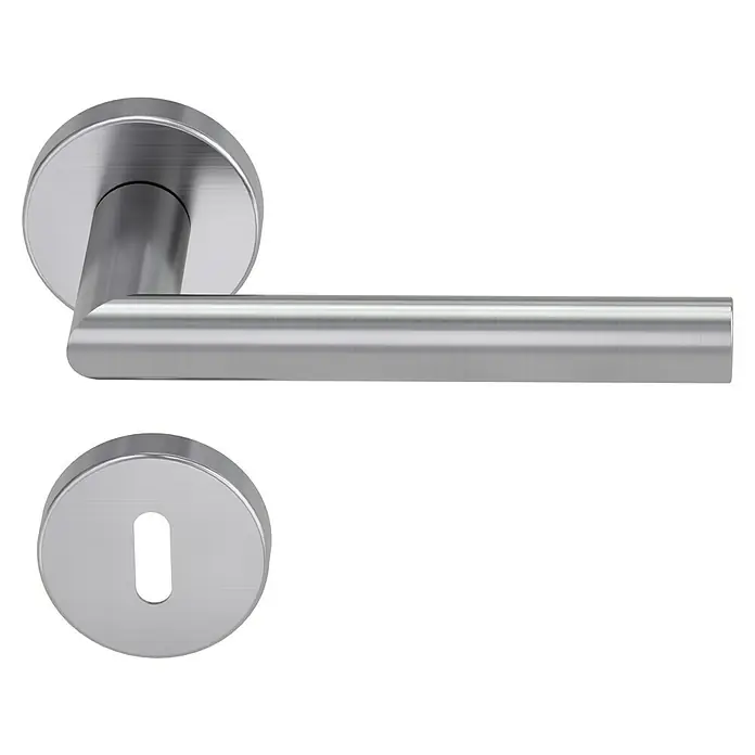 Diamond Doors Modern Drückergarnitur South Dakota - Stärke Tür: 40 mm - 45 mm, Edelstahl, L-Form, Buntbart - Türbeschlag aus Edelstahl mit runder Rosette und Türgriff für moderne Inneneinrichtung.