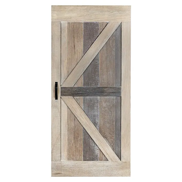 Indo Holzschiebetür Barn Door Multilayer - 100 x 215 cm, Shorea, Dunwich - Nahaufnahme einer rustikalen Schranktür aus Holz mit diagonalen Verstrebungen und einem schwarzen Griff.