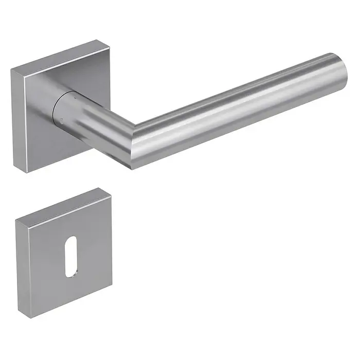 Diamond Doors Modern Drückergarnitur Quattro L-Form - Edelstahl, L-Form, Stärke Tür: 38 mm - 45 mm, Buntbart - Ein moderner Türgriff aus Edelstahl mit quadratischer Rosette und Schlüsselabdeckung, ideal für zeitgenössische Innenräume.