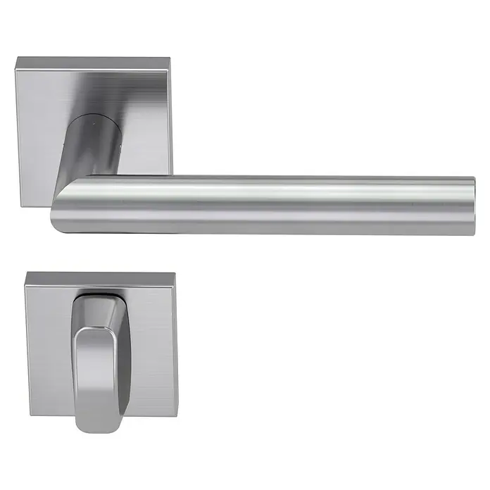 Diamond Doors Modern Drückergarnitur WC Quattro L-Form - Edelstahl, L-Form, Stärke Tür: 38 mm - 45 mm, Schlitzkopf/Olive - Elegante Türgriffe mit eckigem Design. Silberne Türgarnitur mit klaren Linien für moderne Innenräume.