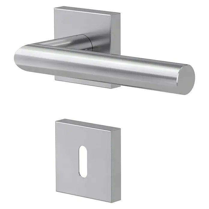 Diamond Doors Modern Drückergarnitur Quattro L-Form - Edelstahl, L-Form, Stärke Tür: 38 mm - 45 mm, Buntbart - Türbeschlag-Set aus Edelstahl mit Türgriff und Schlüsselrosette für Innentüren, modernes Design.