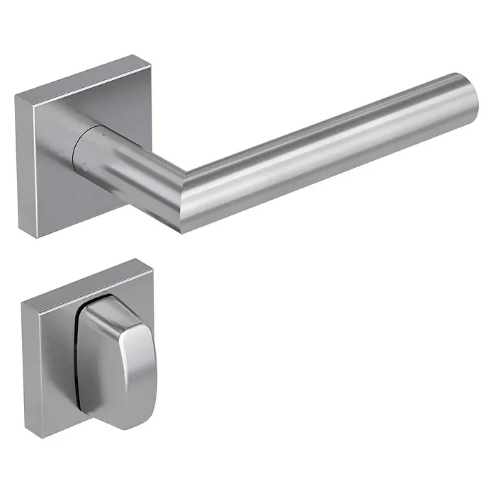 Diamond Doors Modern Drückergarnitur WC Quattro L-Form - Edelstahl, L-Form, Stärke Tür: 38 mm - 45 mm, Schlitzkopf/Olive - Moderner Türdrücker aus Edelstahl mit eckigem Design für eine stilvolle Inneneinrichtung. Die ideale Ergänzung für jede moderne Tür.