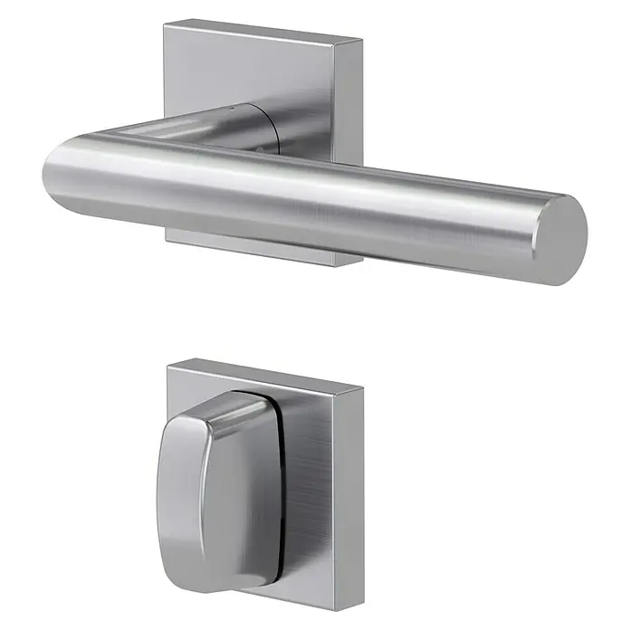 Diamond Doors Modern Drückergarnitur WC Quattro L-Form - Edelstahl, L-Form, Stärke Tür: 38 mm - 45 mm, Schlitzkopf/Olive - Ein Türgriff-Set mit einem eleganten, rechteckigen Design in gebürstetem Edelstahl, das eine moderne Ästhetik für jede Tür bietet.