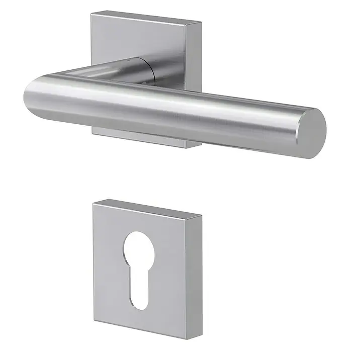 Diamond Doors Modern Drückergarnitur Quattro L-Form - Edelstahl, L-Form, Stärke Tür: 38 mm - 45 mm, Profilzylinder - Elegantes Türbeschlag-Set mit einem modernen, quadratischen Design, bestehend aus einem Türgriff und einem Schlüsselloch.
