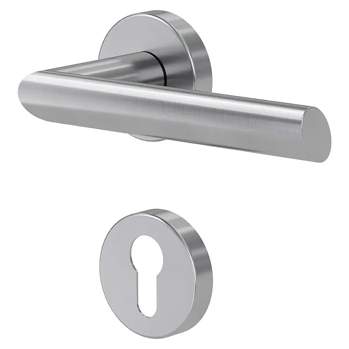Diamond Doors Modern Drückergarnitur South Dakota - Stärke Tür: 40 mm - 45 mm, Edelstahl, L-Form, Profilzylinder - Nahaufnahme eines Türgriffs aus Edelstahl mit Schlüsselrosette, der ein modernes und elegantes Design für Innentüren zeigt.