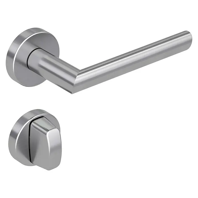 Diamond Doors Modern Drückergarnitur WC South Dakota - Stärke Tür: 40 mm - 45 mm, Edelstahl, L-Form, Schlitzkopf/Olive - Eine moderne Türgarnitur in Silber mit einem eleganten Hebelgriff und einem passenden Knauf, perfekt für stilvolle Inneneinrichtungen.