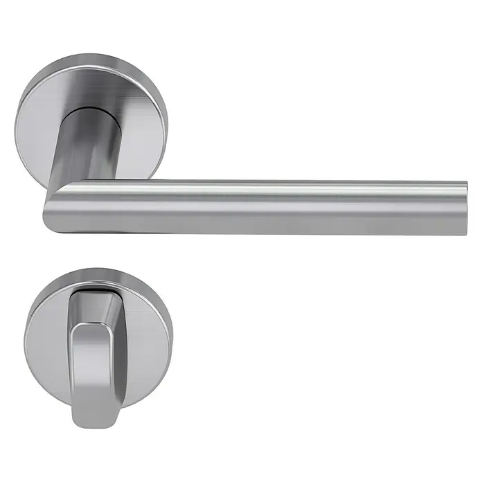 Diamond Doors Modern Drückergarnitur WC South Dakota - Stärke Tür: 40 mm - 45 mm, Edelstahl, L-Form, Schlitzkopf/Olive - Nahaufnahme eines eleganten Türgriffs und Drehknopfs aus gebürstetem Edelstahl auf schwarzem Hintergrund.