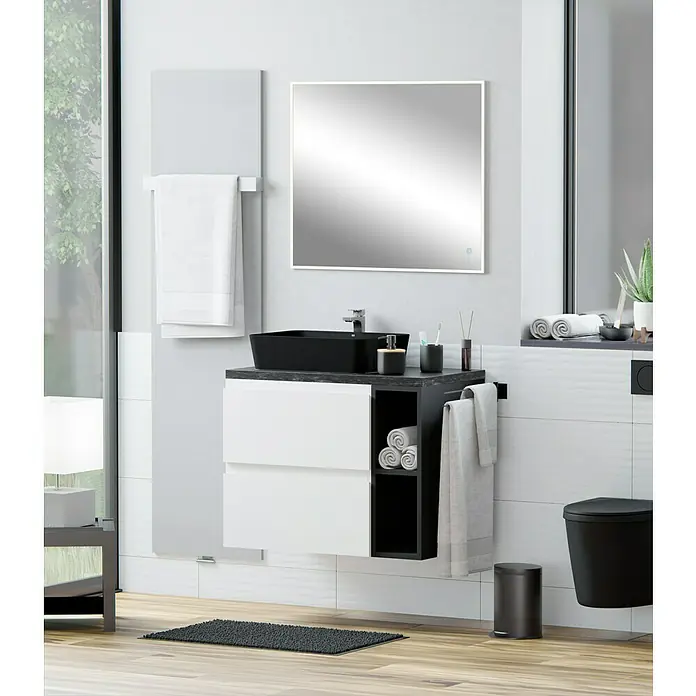 Camargue Espacio Unterschrankregal - 20 x 46 x 60 cm, Anthrazit - Modernes Badezimmer-Interieur mit schwarzem Waschbecken, weißem Unterschrank und einem quadratischen Spiegel mit Beleuchtung.