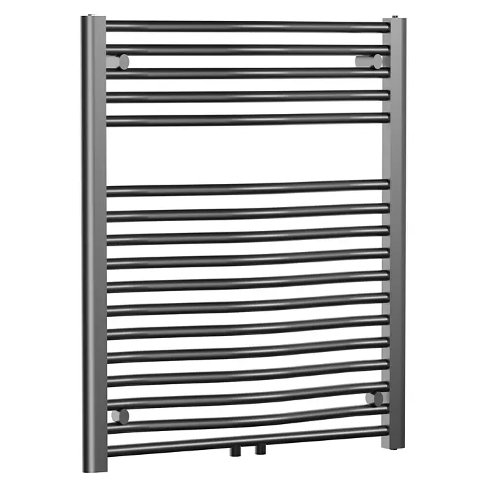 Admiral Badheizkörper Madrid - B x H: 600 x 770 mm, Wärmeleistung bei Vorlauftemperatur von 75 °C (D: 50): 484 W, Chrom - Nahaufnahme eines modernen Handtuchwärmers mit vielen horizontalen Stangen und einem schlanken, silbernen Finish, ideal für jedes Badezimmer.
